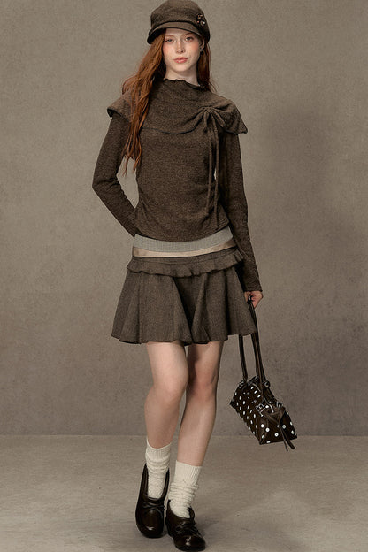 Bowknot Cape Collar Long Sleeve Top