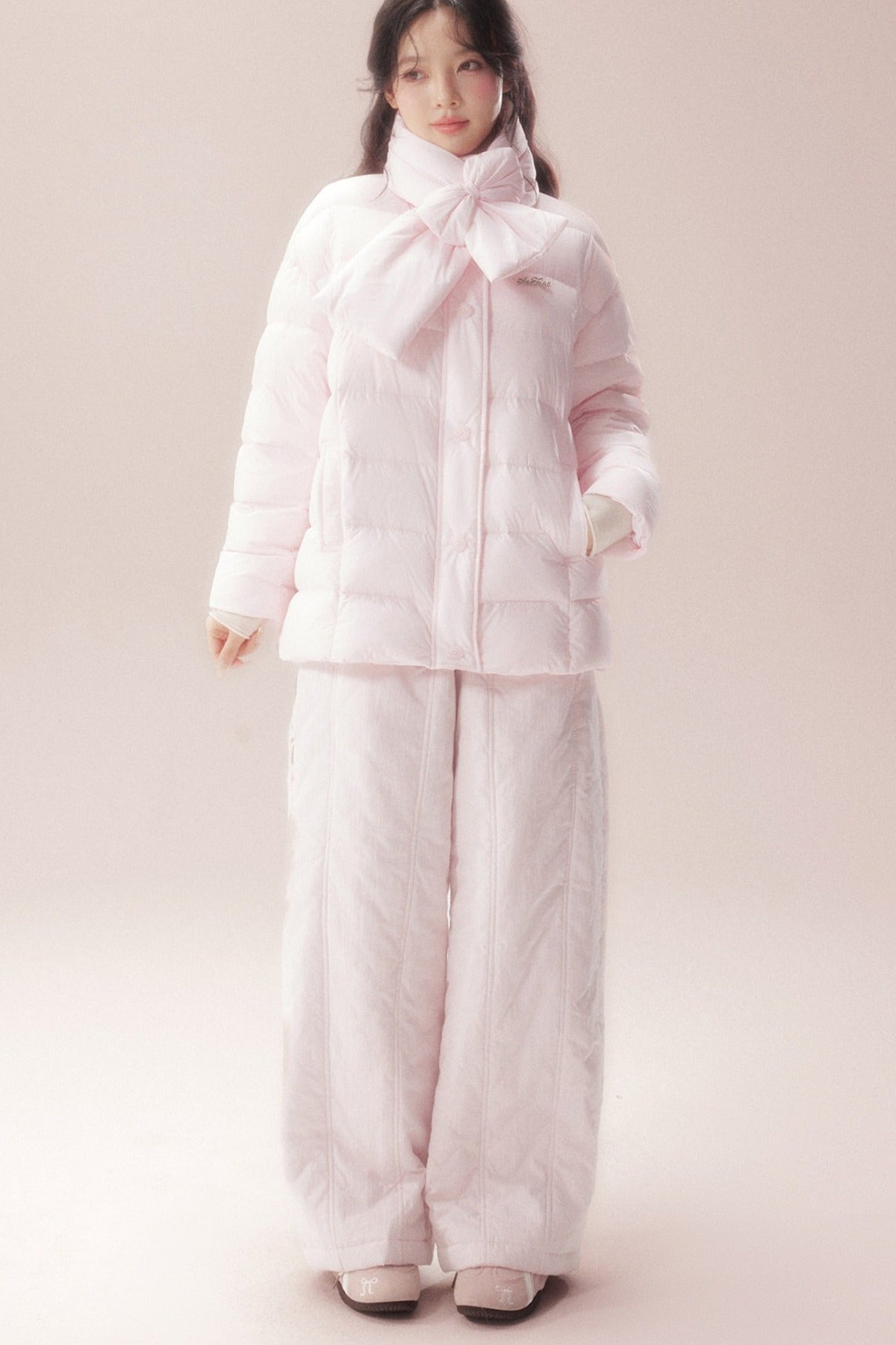 Bow-Knot Scarf Mid-Length Down Jacket