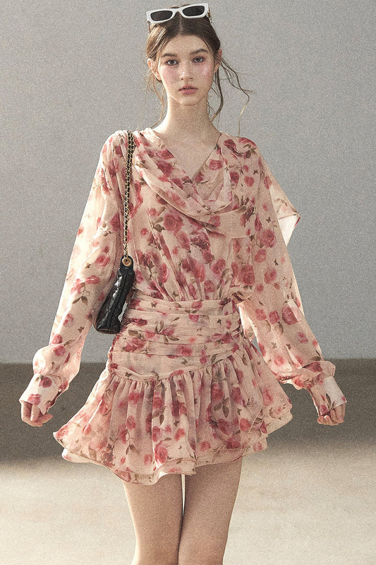 Puff Floral Chiffon Dress and Leggings Set