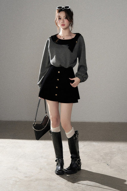 Gray Pullover Sweatshirt and Black Skirt Set-Up