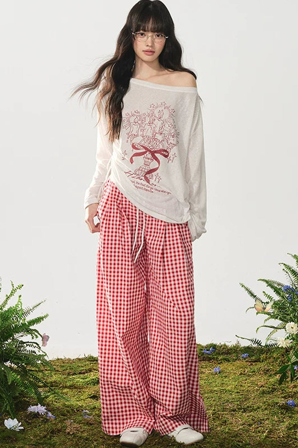 Red Plaid High-Waist Wide-Leg Pants