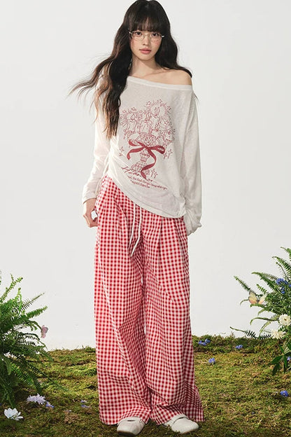 Red Plaid High-Waist Wide-Leg Pants