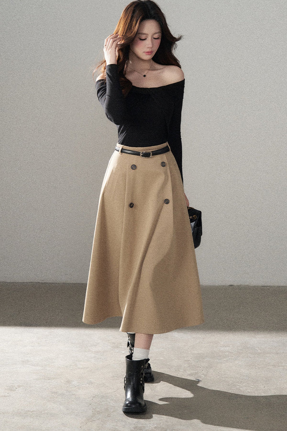 Knot Off-Shoulder Knit Pullover Top and Khaki Skirt Set-Up