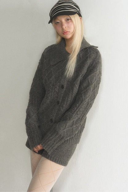 Grey Argyle Knit Cardigan and Shorts Set-Up
