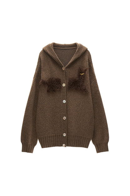 Cat Silhouette Hooded Air Fleece Cardigan