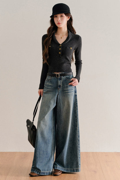 Half-Button Shawl Collar Wool-Blend Knit Sweater