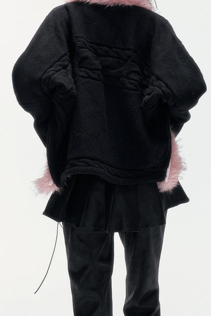 Detachable Fur Collar Batwing Knit Cardigan