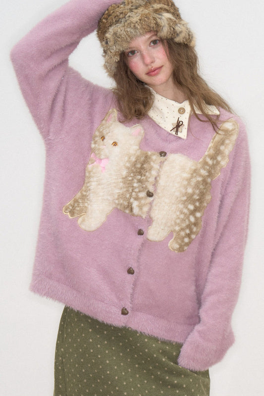 Purple Cat Applique Cardigan