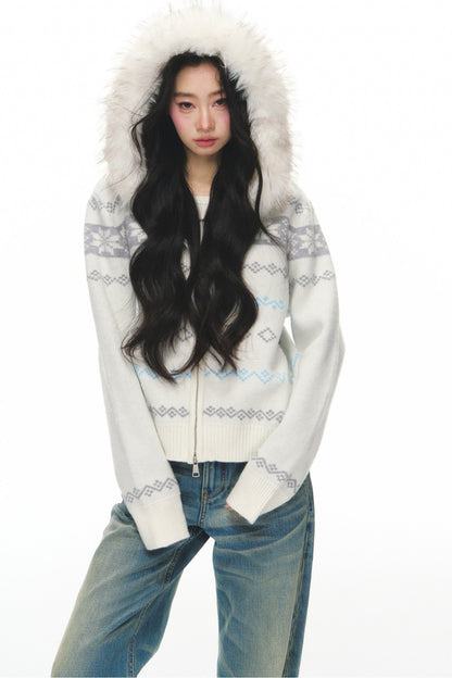 Fair Isle Jacquard Fur Collar Cardigan Set-Up