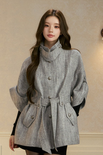 Stand Collar Batwing Wool Cape Jacket