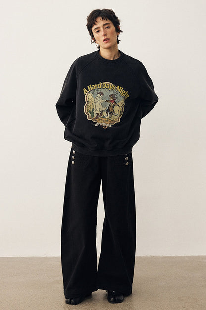 Washed Cat Print Sweatshirt and Pants Set
