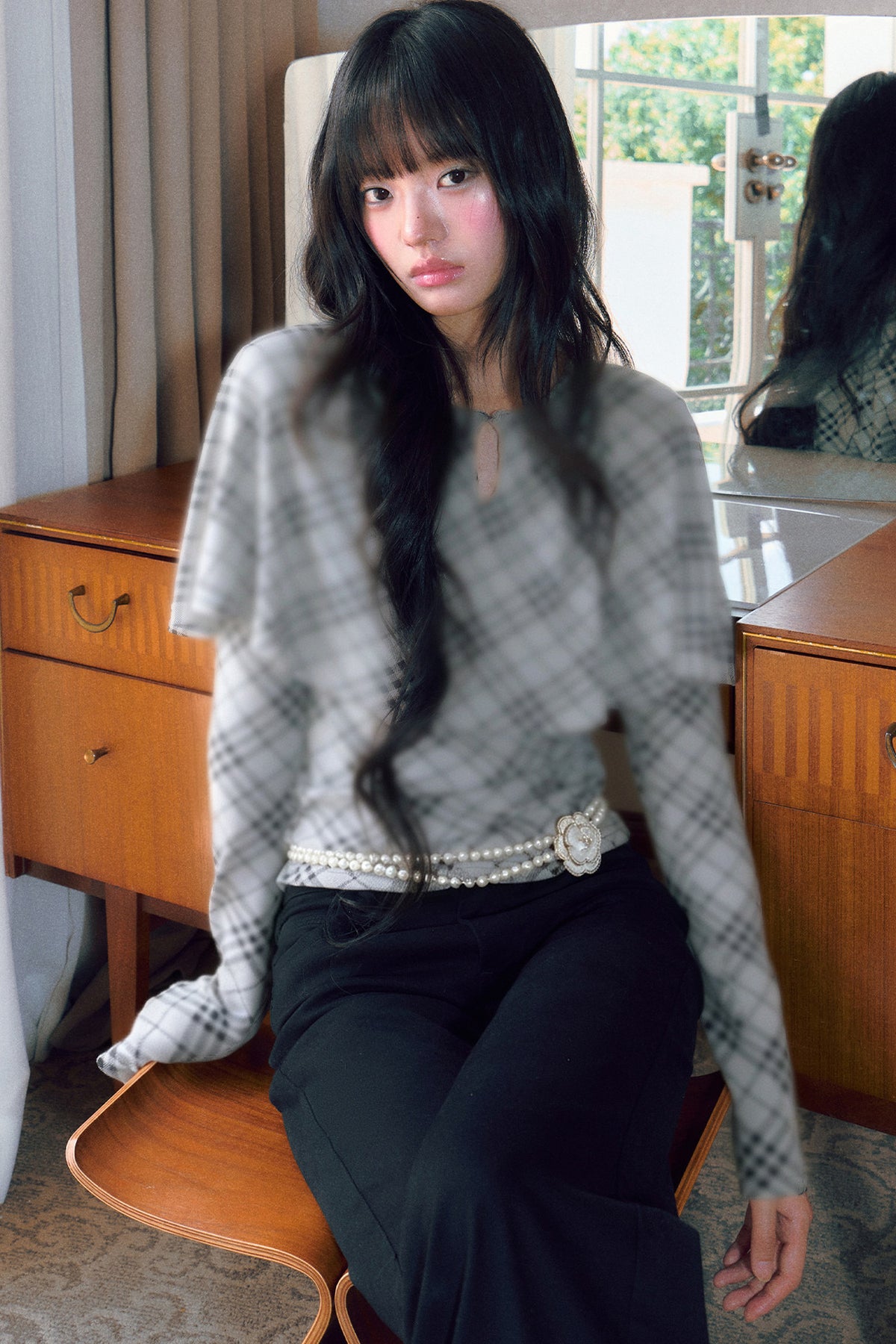 Plaid Cape Long Sleeve Top