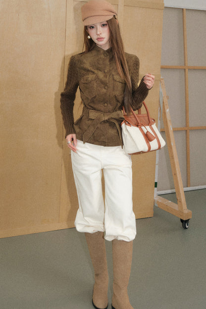 Conjunto de chaqueta y pantalón de estilo utilitario en ante sintético verde