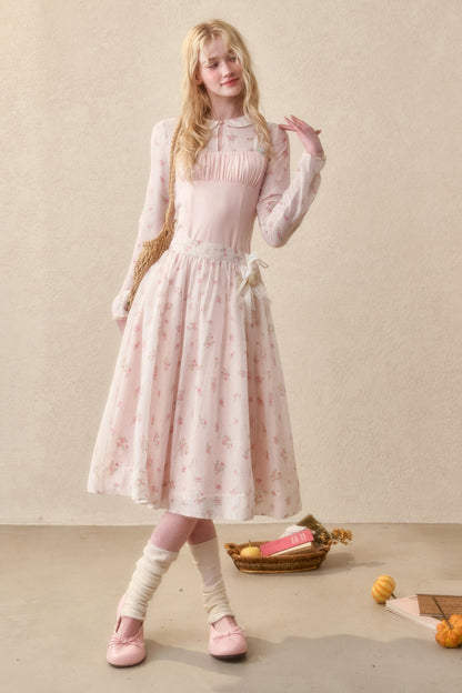 Peach Floral Satin Tencel Dress With Skirt Set-Up