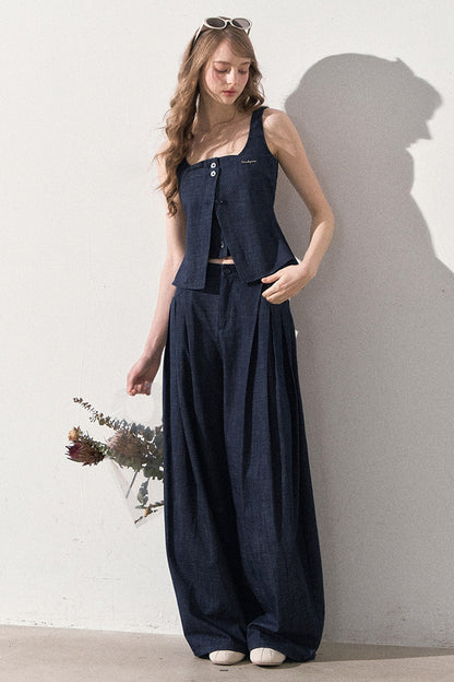 Layered-Look Faux Denim Vest and Wide Leg Pants Set-Up