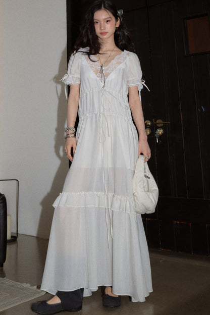 Deep V Striped Lace Tie Dress
