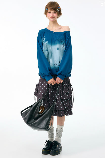 Rabbit Print Lantern Sleeve Off-Shoulder Sweatshirt