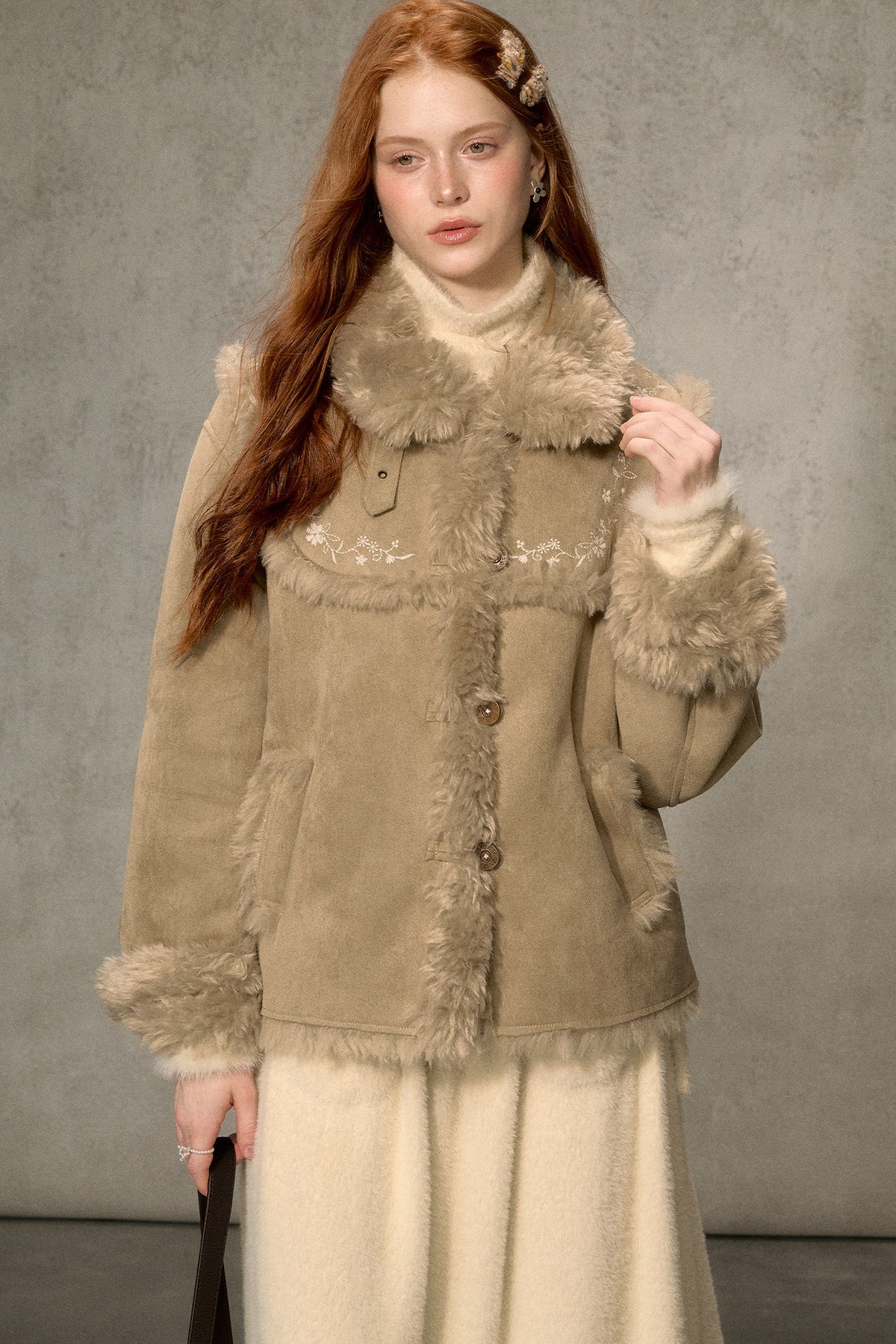 Embroidered Fur Collar Shearling Jacket
