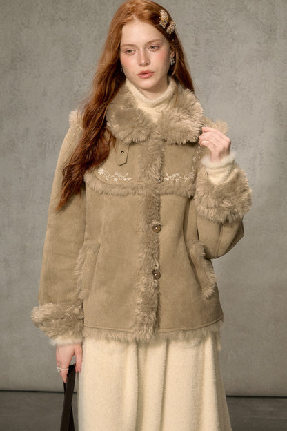 Embroidered Fur Collar Shearling Jacket