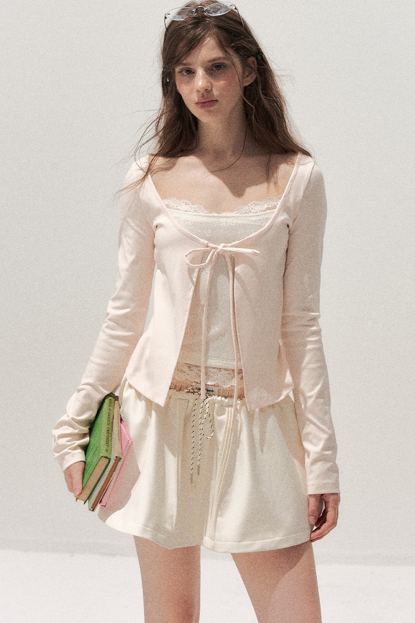 Lace Spliced Tie-Up Long Sleeve Top