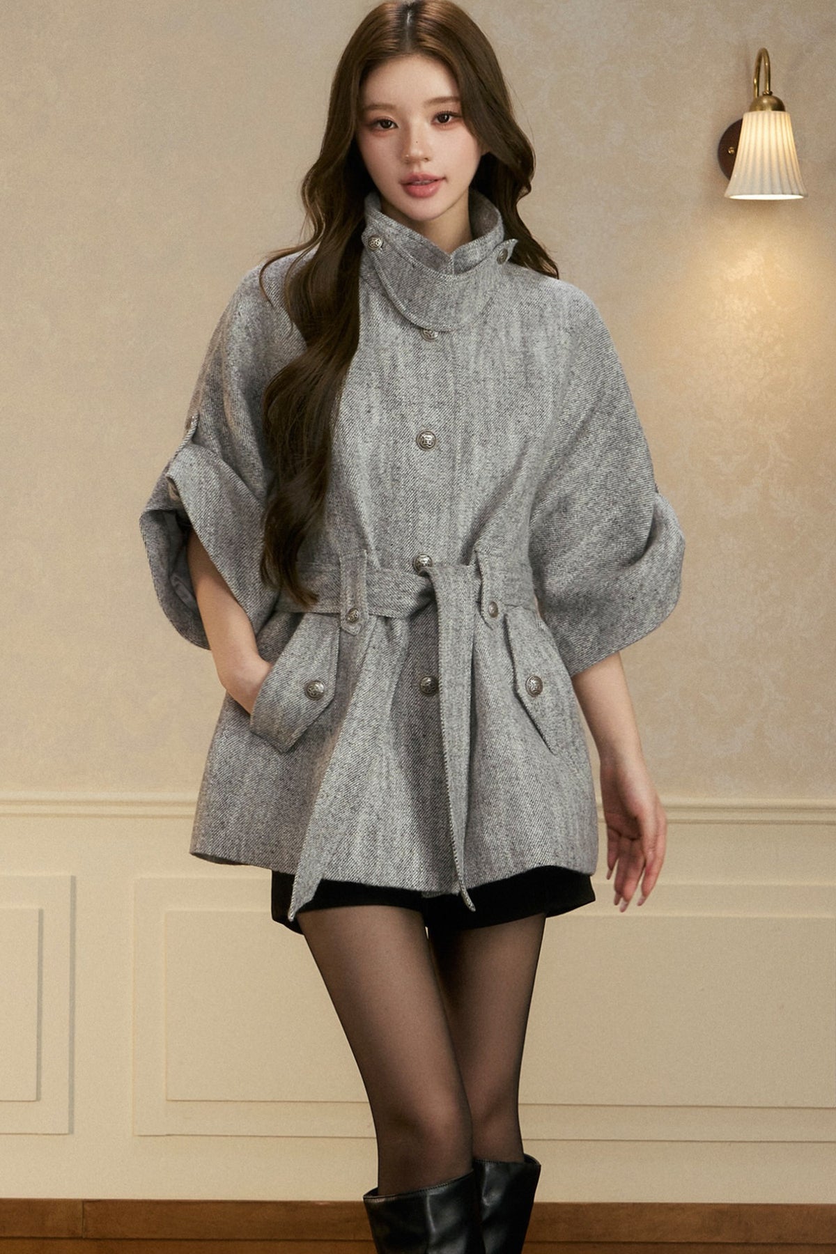 Stand Collar Batwing Wool Cape Jacket
