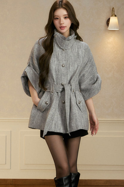 Stand Collar Batwing Wool Cape Jacket
