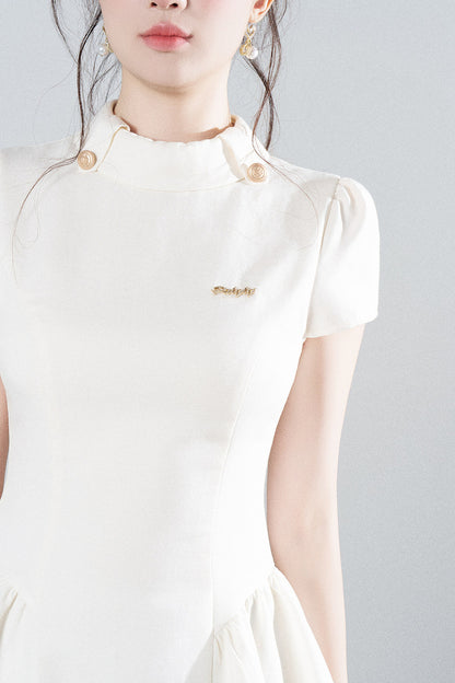 White Waist-Cinching A-Line Dress