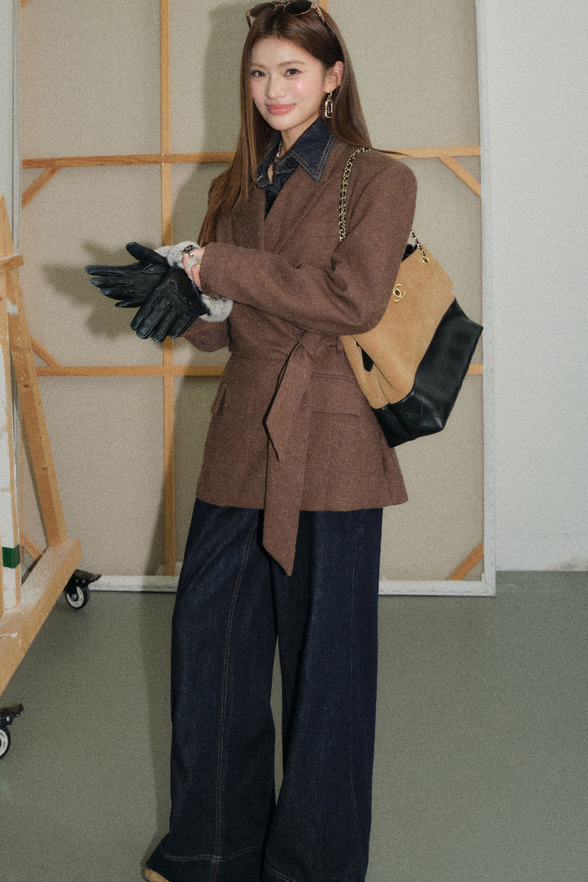 Coffee Lace-Up Woolen Linen Suit Jacket, Jeans and Top Set-Up