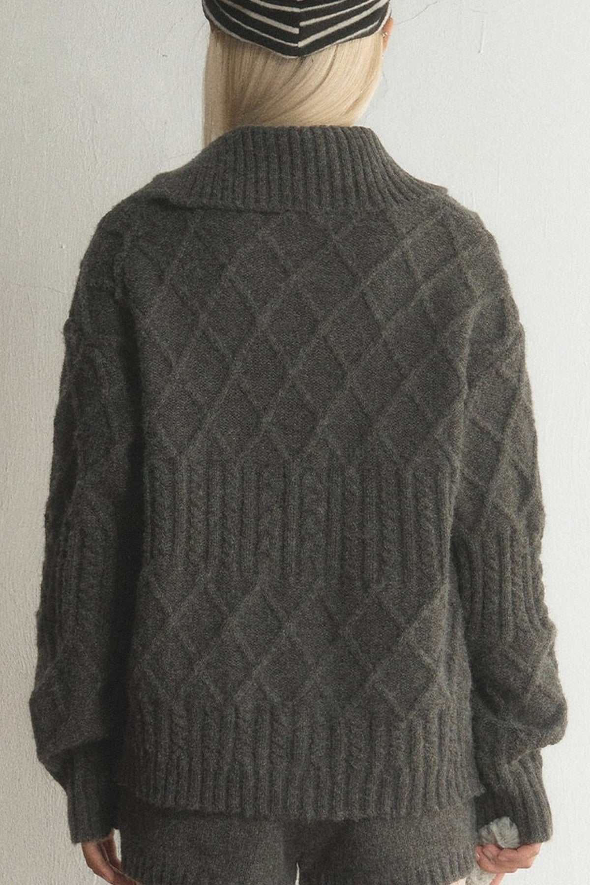 Grey Argyle Knit Cardigan and Shorts Set-Up