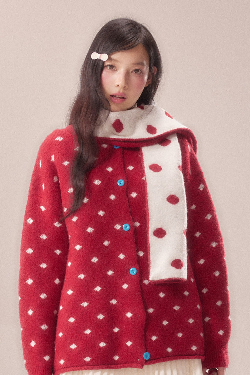 Polka Dot Scarf Knit Cardigan