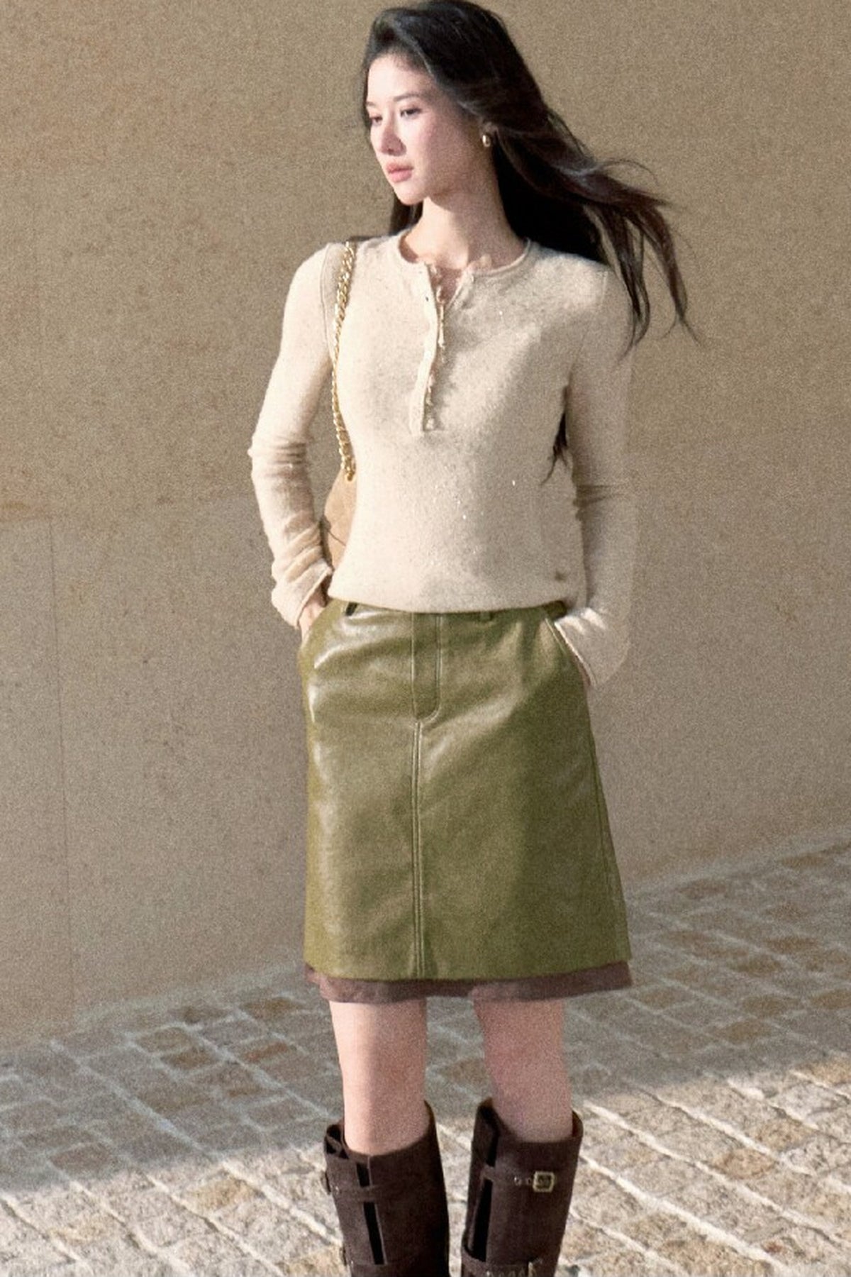 Fern Green Leather Straight Skirt