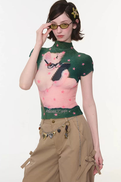 Green Star Cat Print Blouse