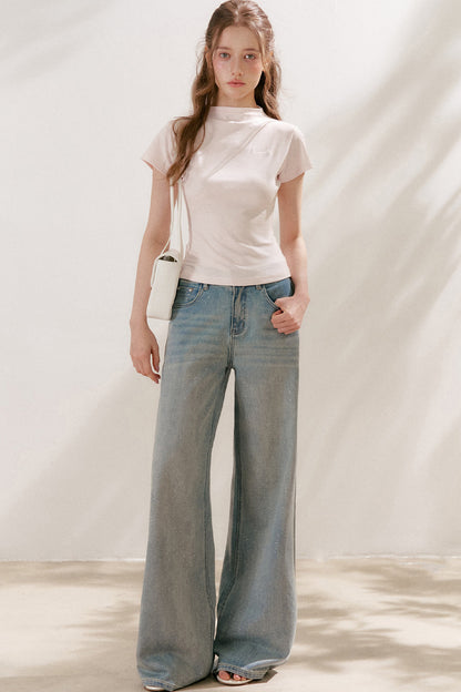 Silver Embellishment Straight Wide-Leg Loose Jeans