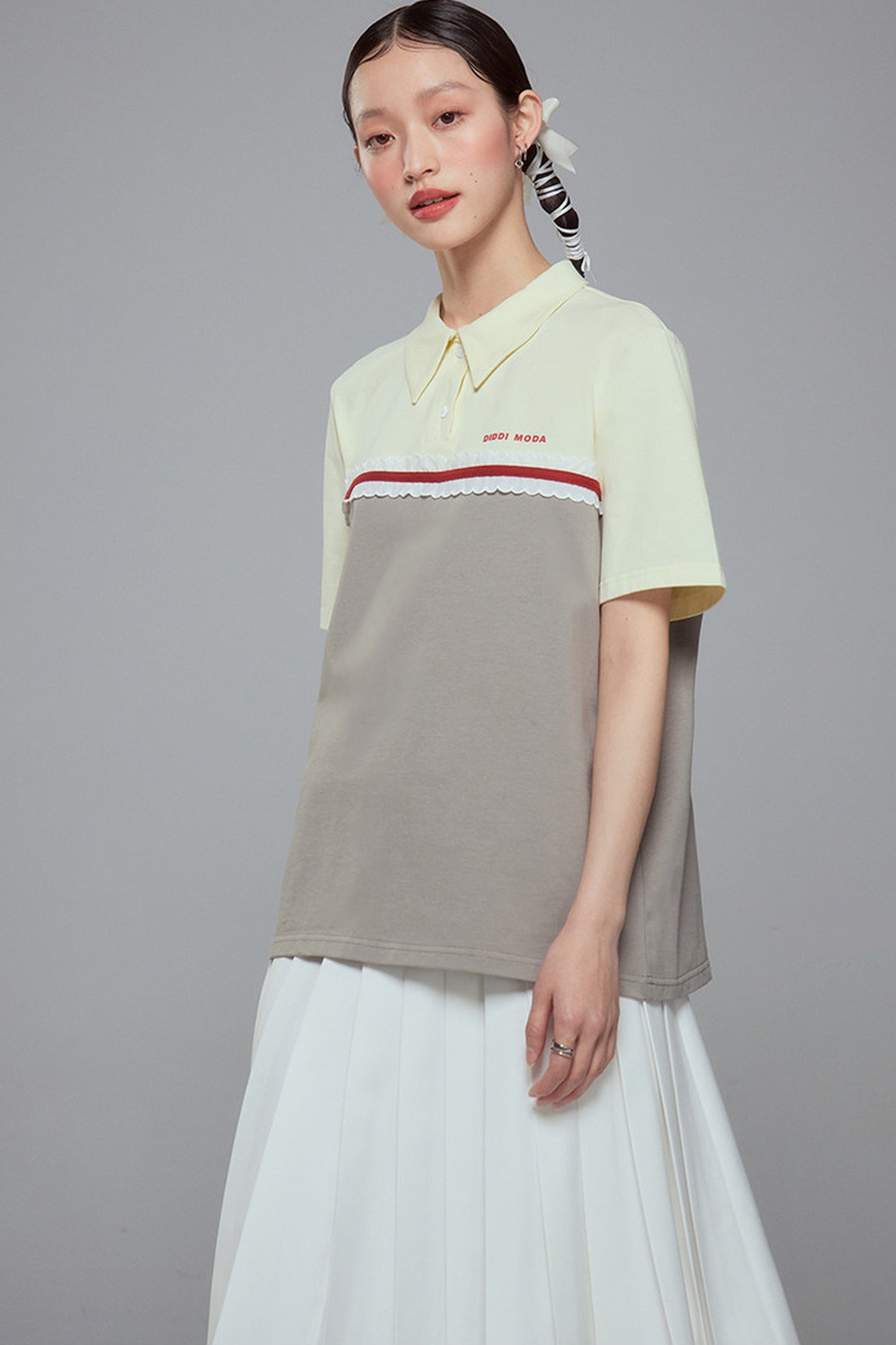 Color Block Lace Trim Cotton Polo