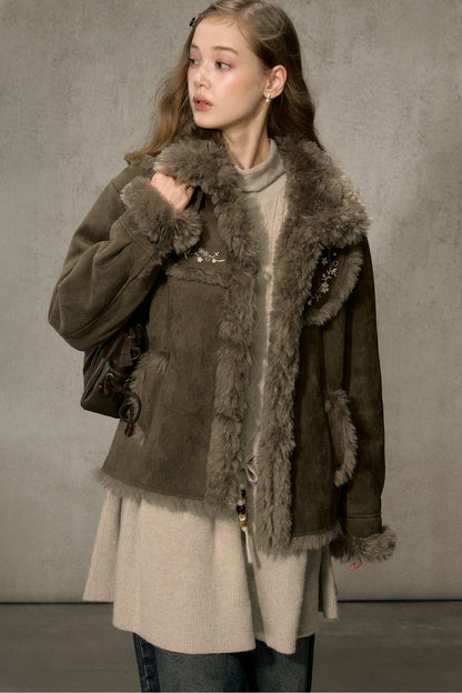 Embroidered Fur Collar Shearling Jacket