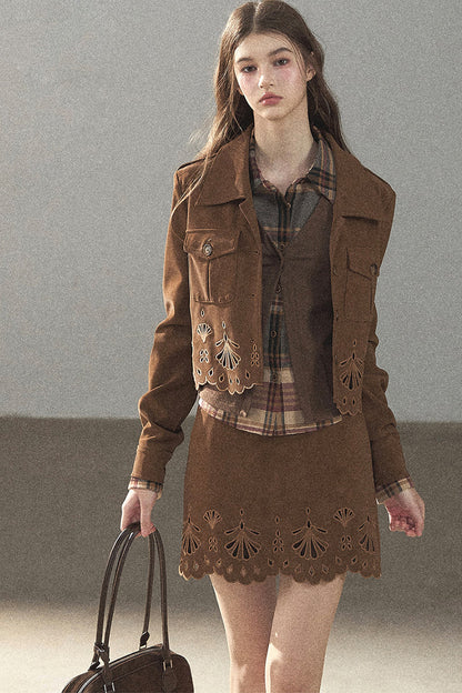 Palmblatt-Cut-out-Rock mit Oberteil und Jacke im Set