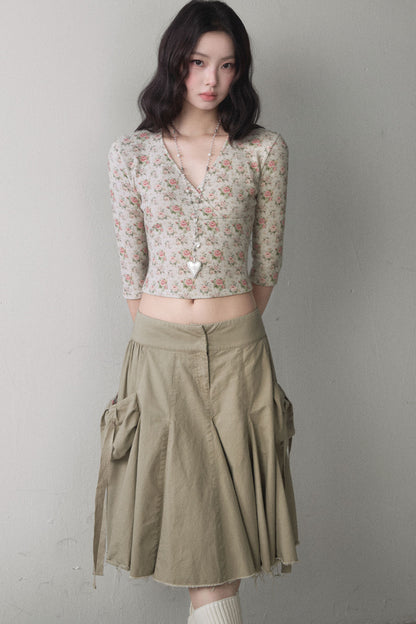 Rose Print Mid-Sleeve V-Neck Base Layer Top