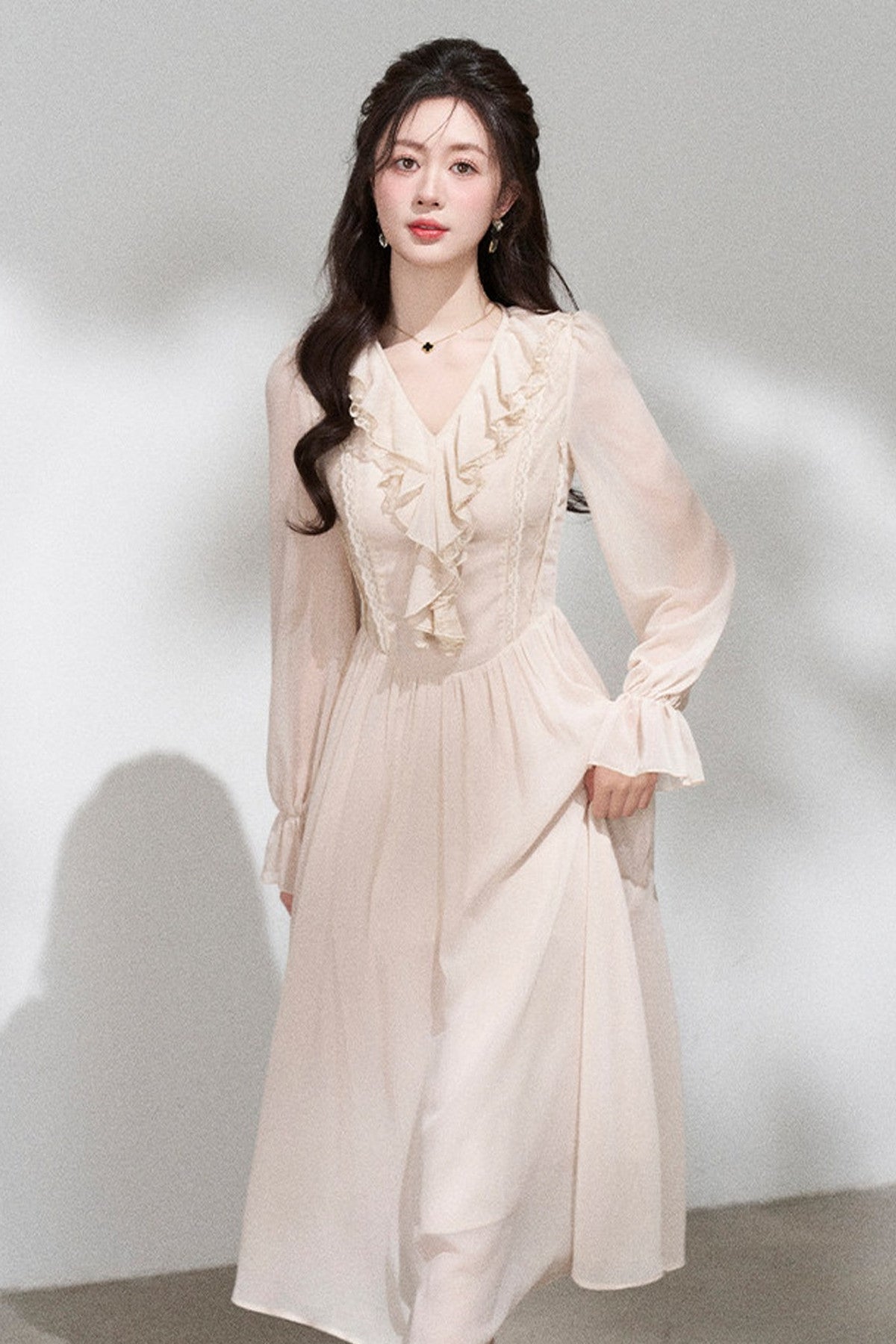 Ruffled V-Neck Long Dress