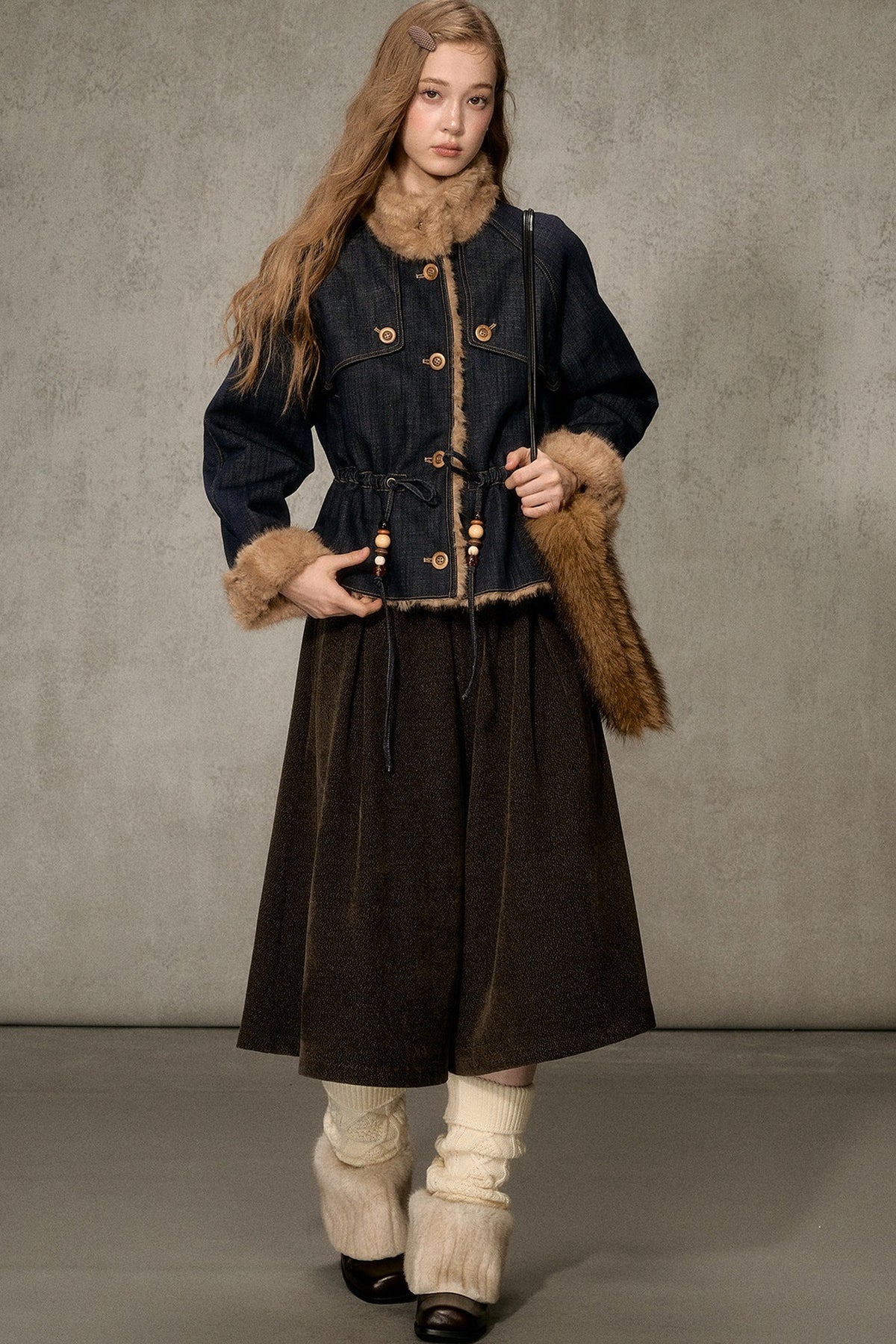 Fur Collar Denim Drawstring Jacket