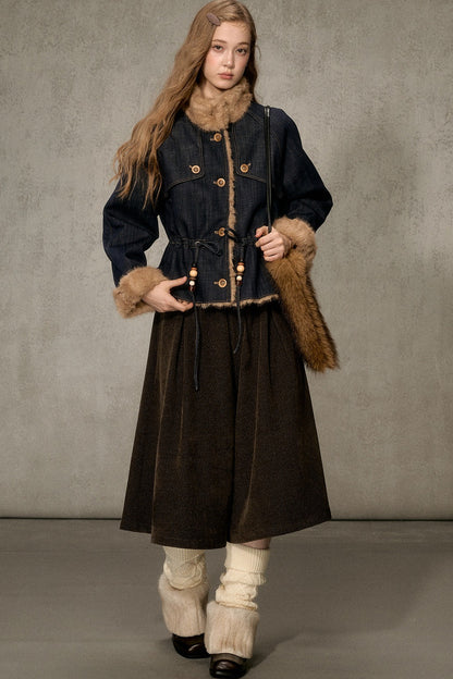 Fur Collar Denim Drawstring Jacket