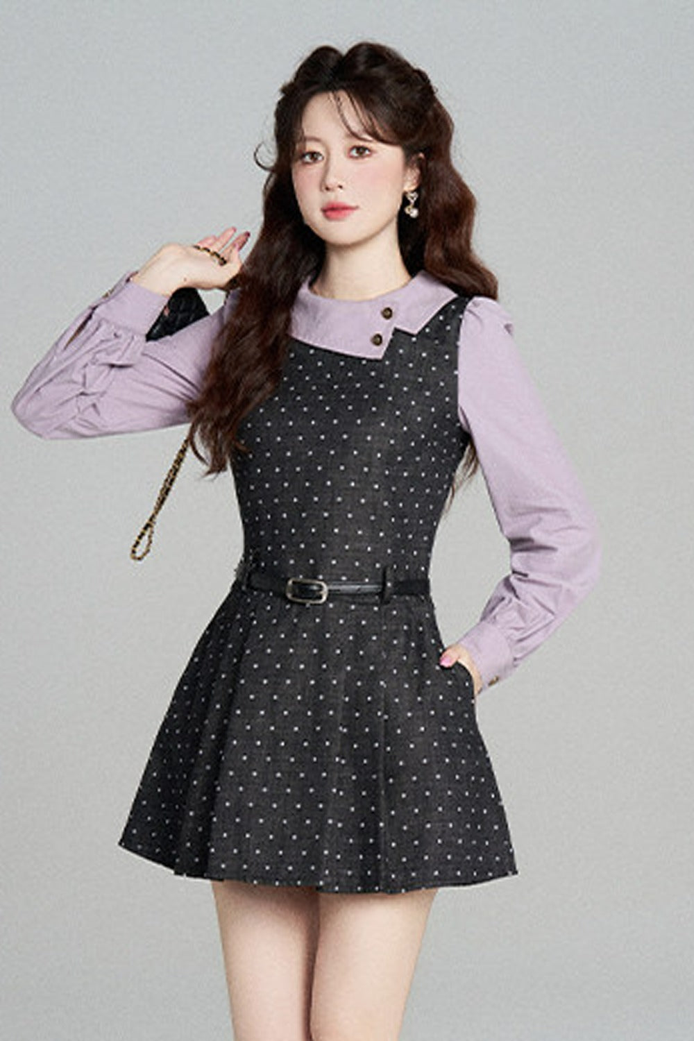 Black Purple Polka Dot Long Sleeve Dress
