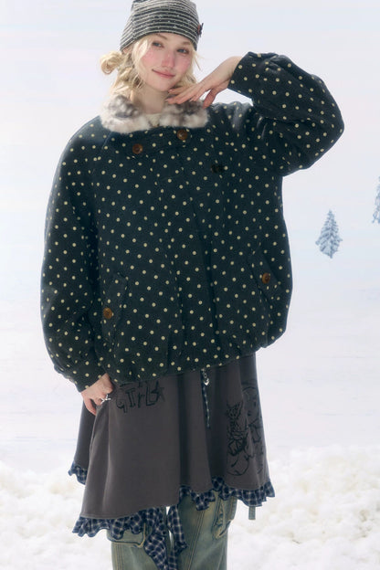 Short Polka Dot Plush Collar Cotton Jacket
