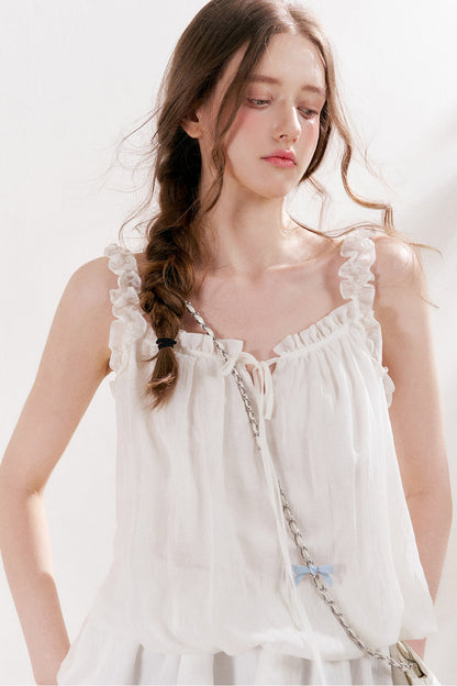 French Style Puff Sleeve Ruffle Trim Cardigan and Dress Set