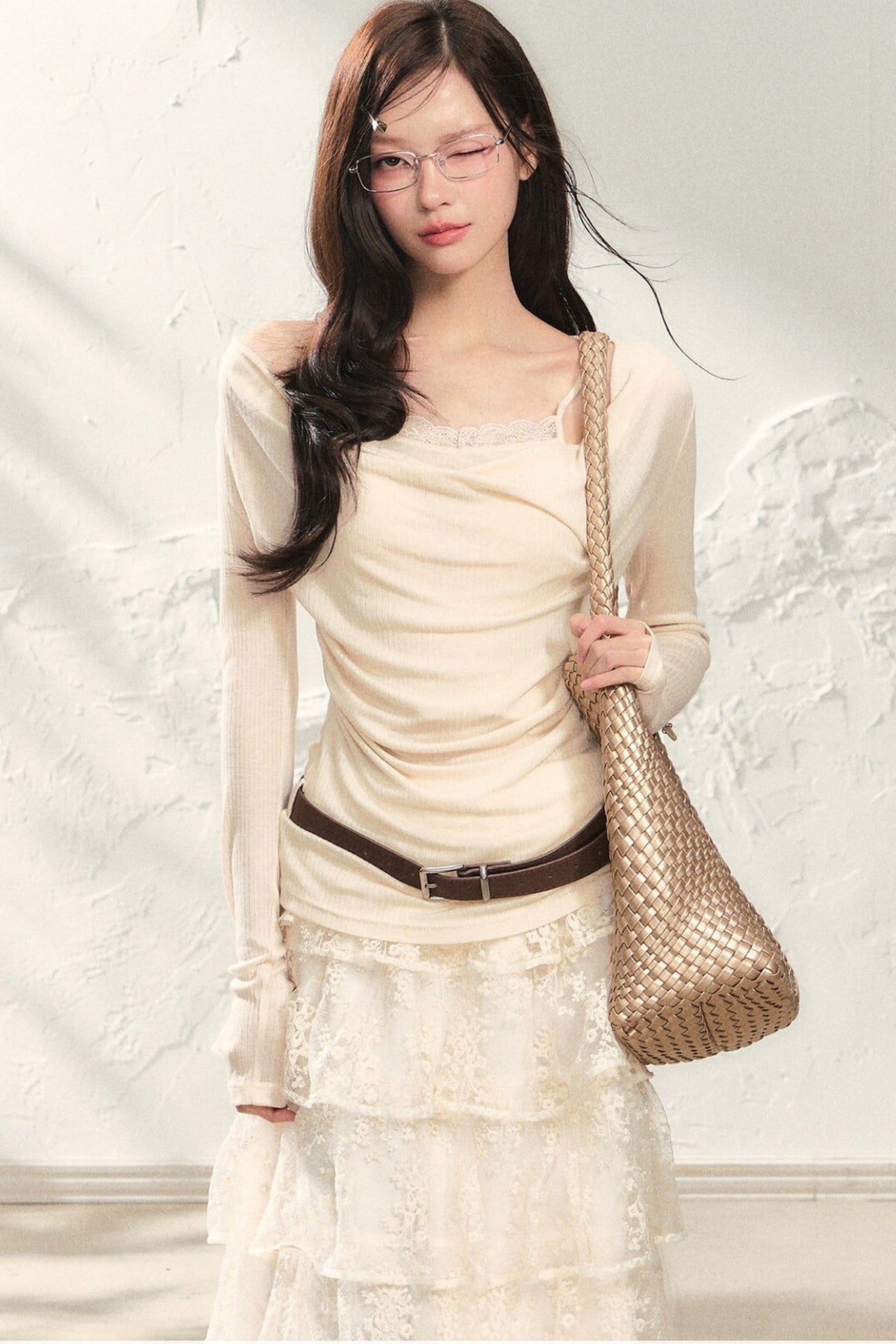 Swing Collar Long Sleeve Top and Skirt Set-Up