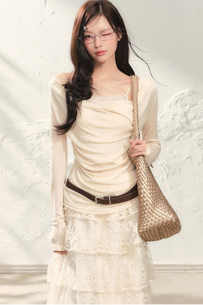 Swing Collar Long Sleeve Top and Skirt Set-Up