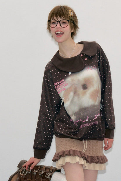 Polka Dot Rabbit Print Doll Collar Sweatshirt