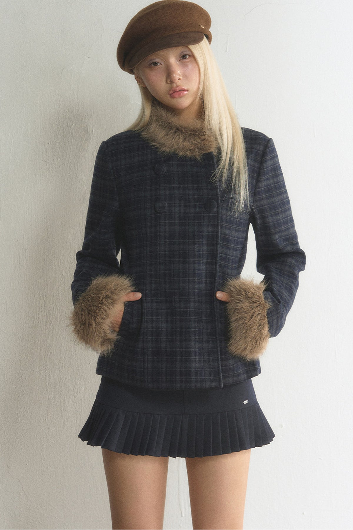 Plaid Woolen Jacket and Skirt Set-Up
