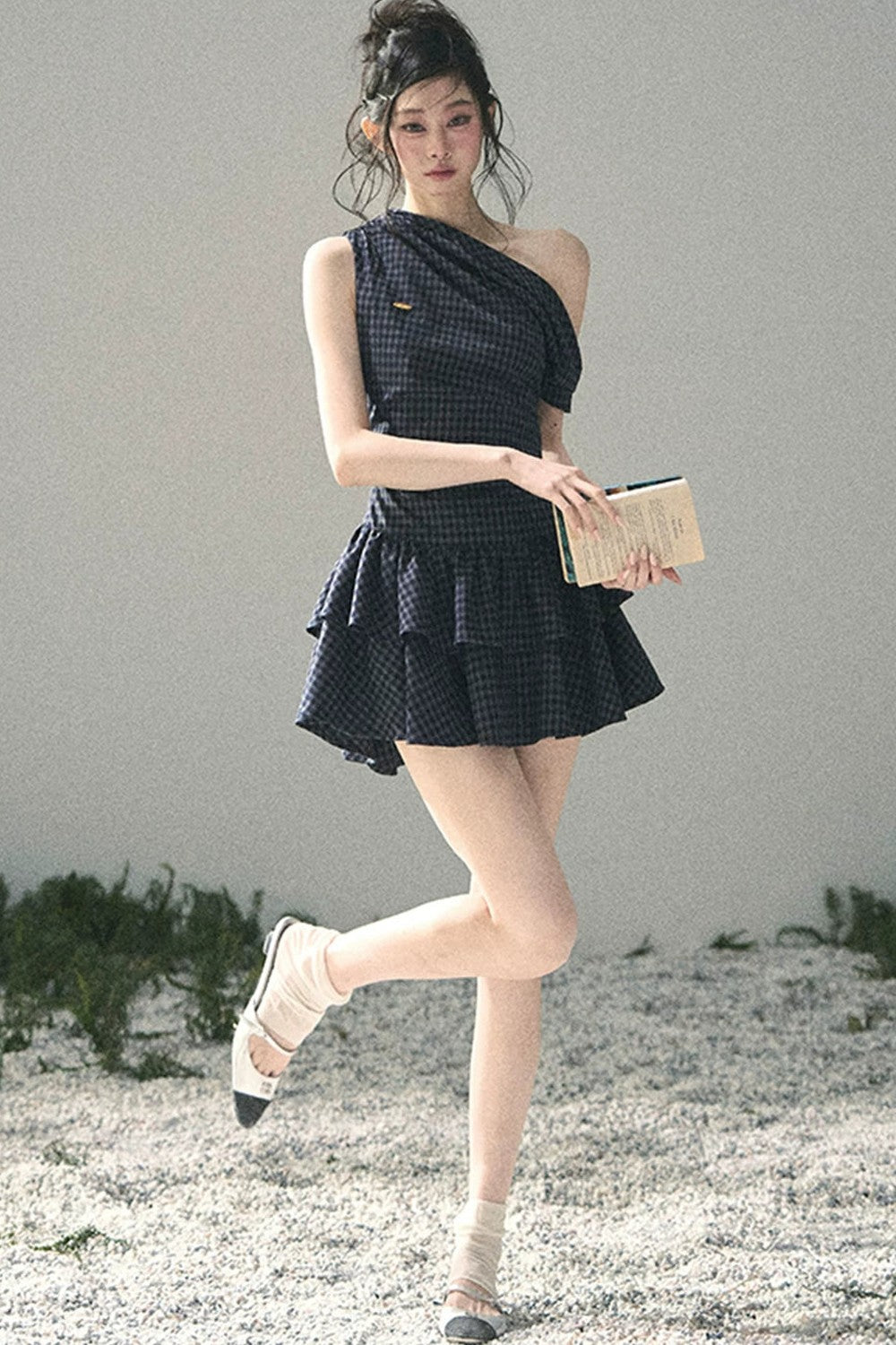 Moonlight Plaid Off-Shoulder Dress