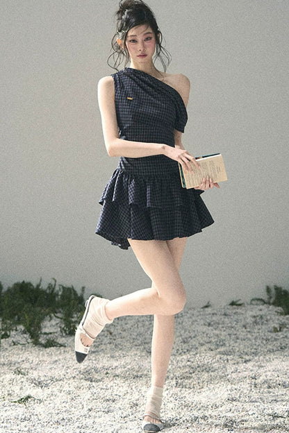 Moonlight Plaid Off-Shoulder Dress