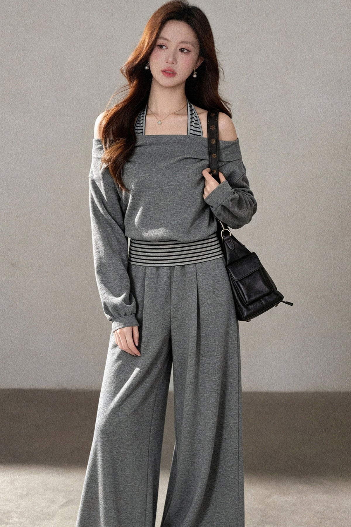 One-Shoulder Striped Sweatshirt and Wide-Leg Pants Set-Up